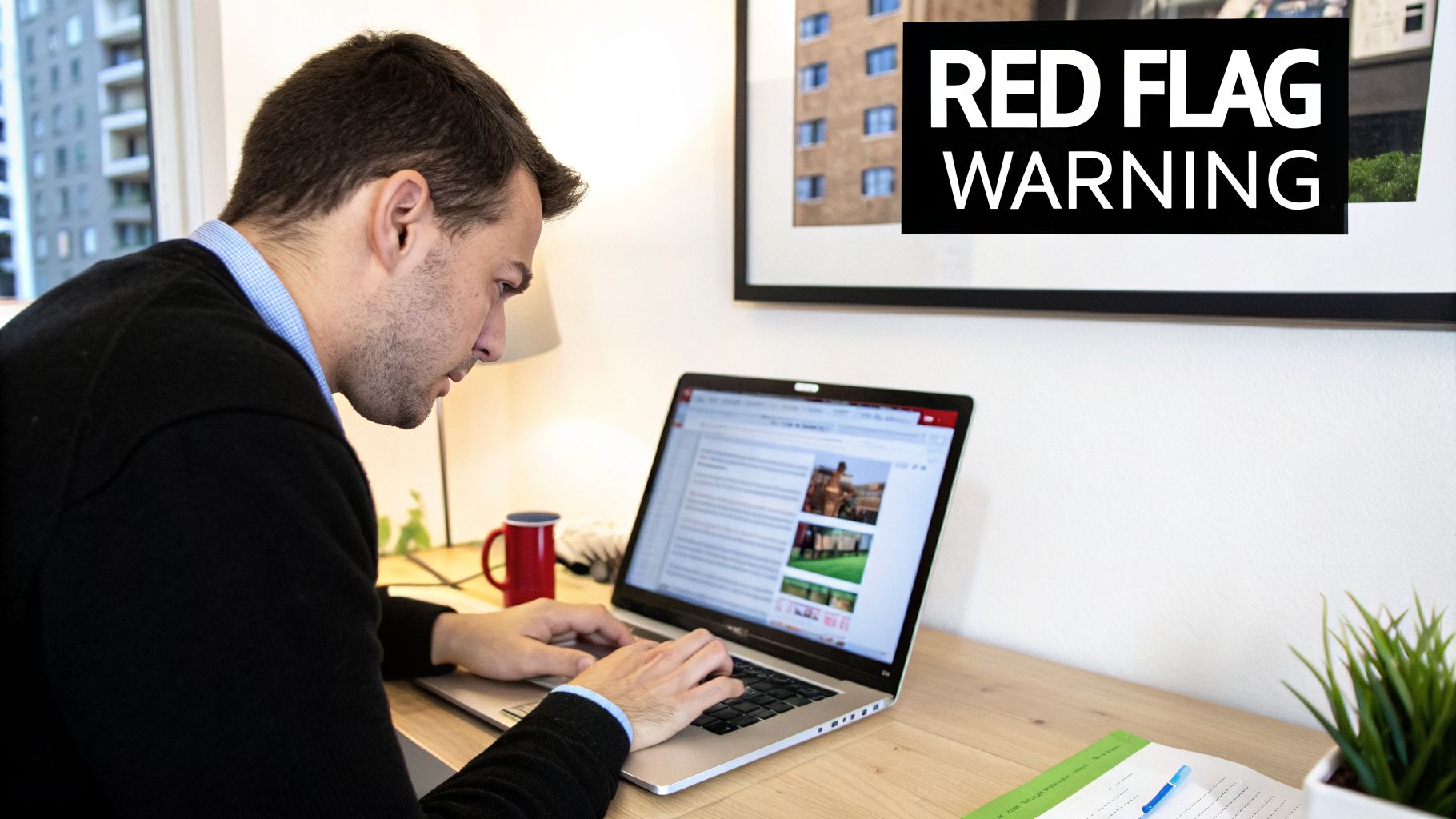 Man intently typing on a laptop at a desk, with a 'RED FLAG WARNING' sign prominently displayed behind him.