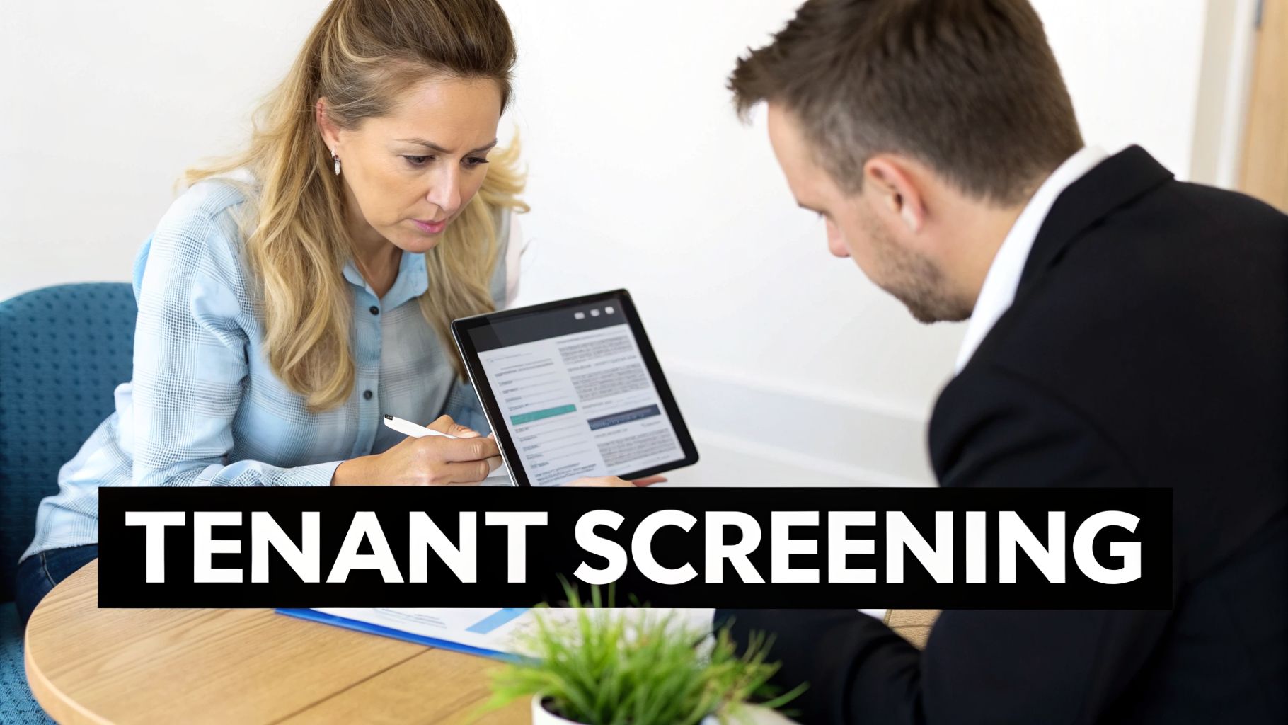 A woman and man reviewing tenant screening information on a tablet in an office setting.