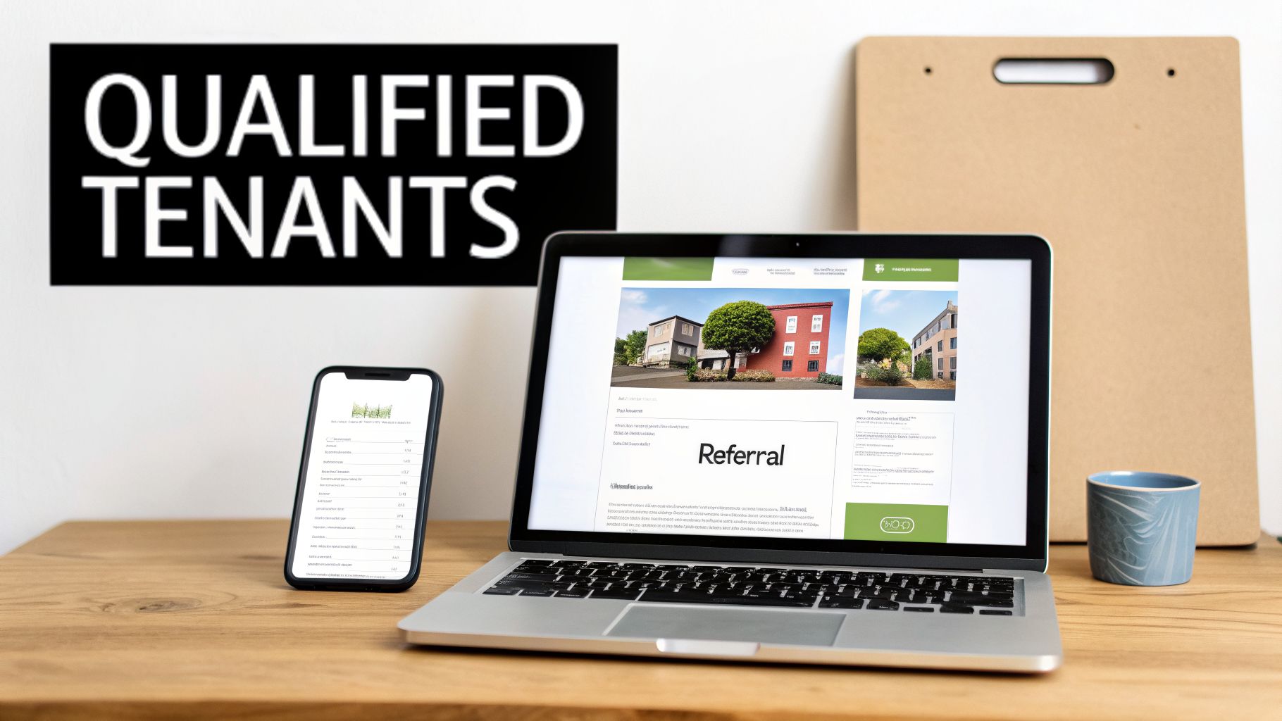 A desk with a laptop displaying apartment listings, a smartphone, and a 'QUALIFIED TENANTS' sign on the wall.