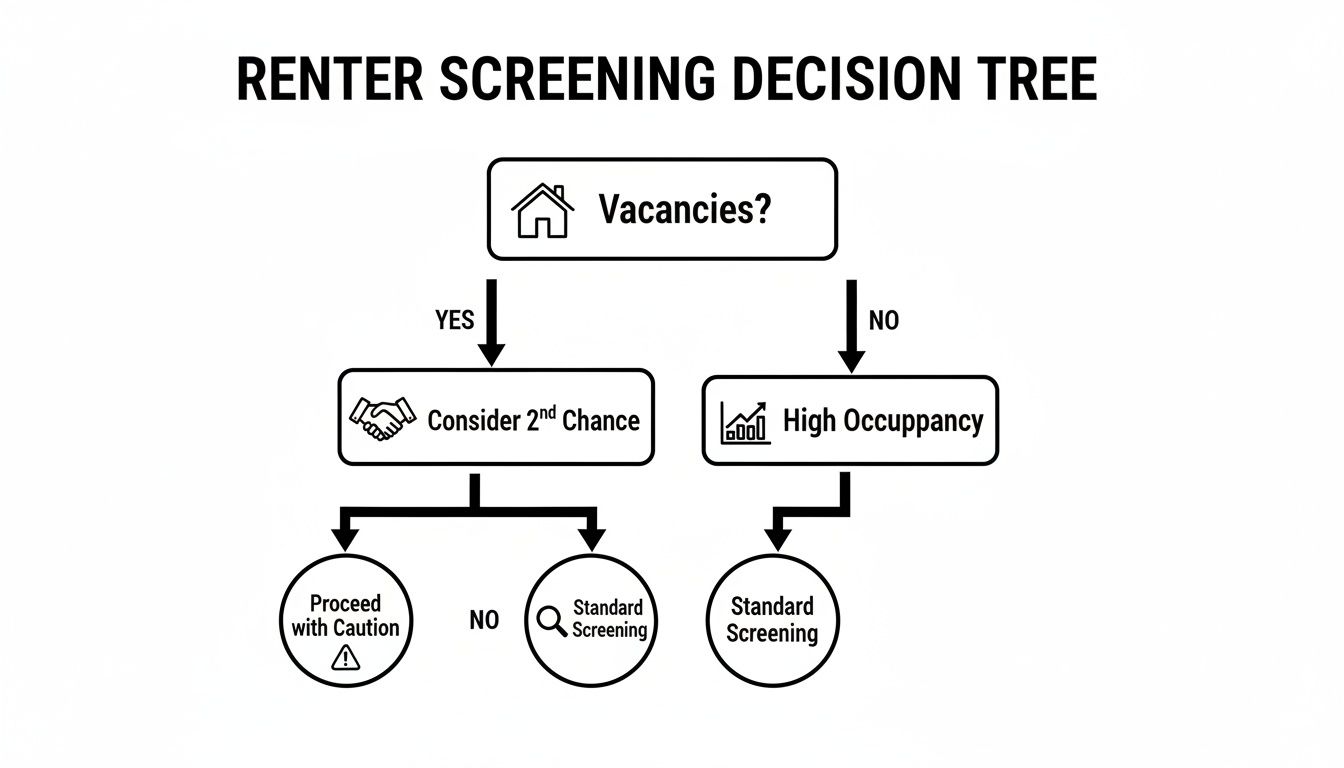 A renter screening decision tree flowchart with steps based on vacancies and occupancy.