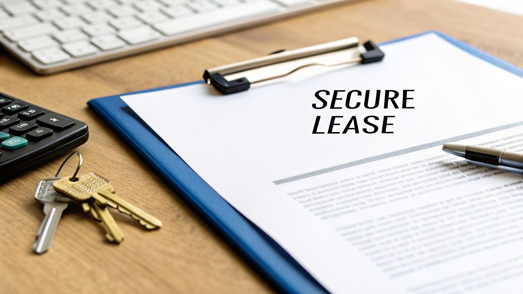 A 'Secure Lease' document on a clipboard with house keys, a calculator, and a pen on a wooden desk.