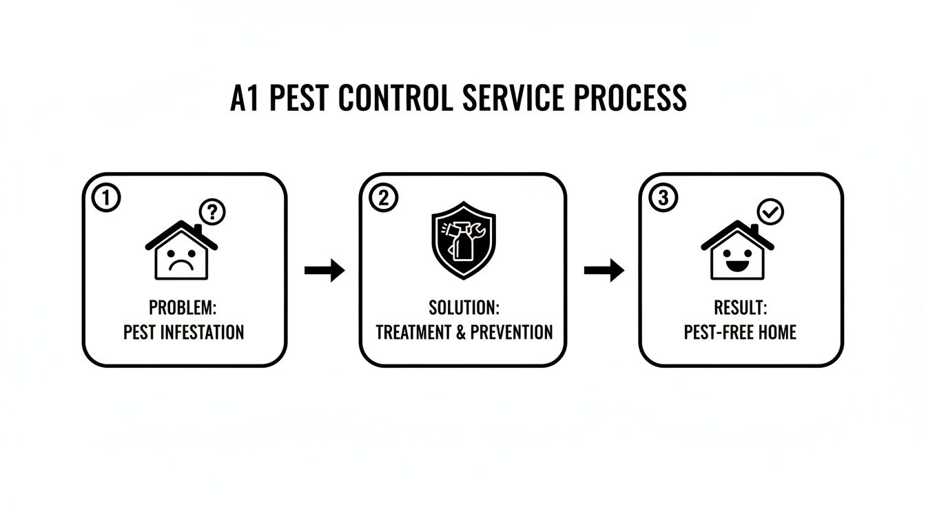 Infographic showing A1 Pest Control's 3-step service process: identifying infestation, treatment, and achieving a pest-free home.