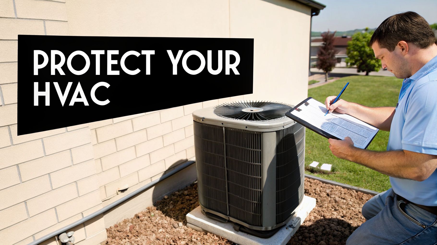 A technician inspects an outdoor HVAC unit, writing on a clipboard, with a 'Protect Your HVAC' sign.