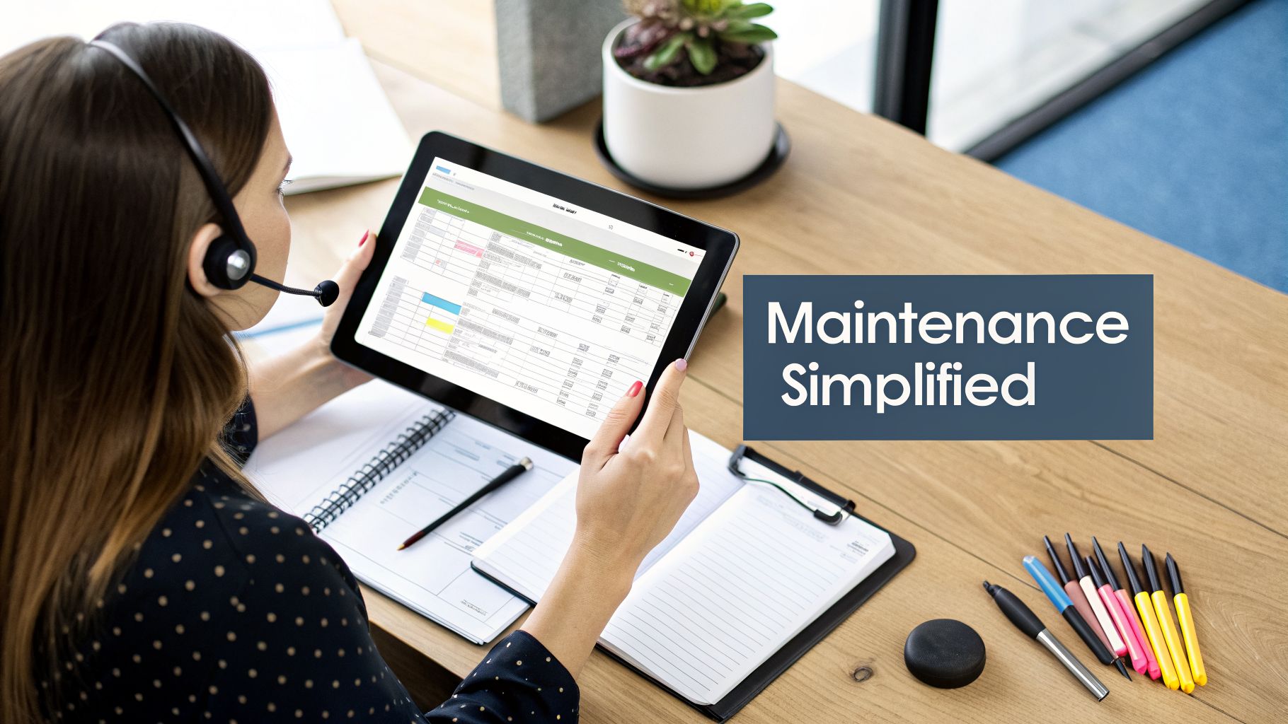 A woman wearing a headset uses a tablet displaying maintenance software, simplifying operations.