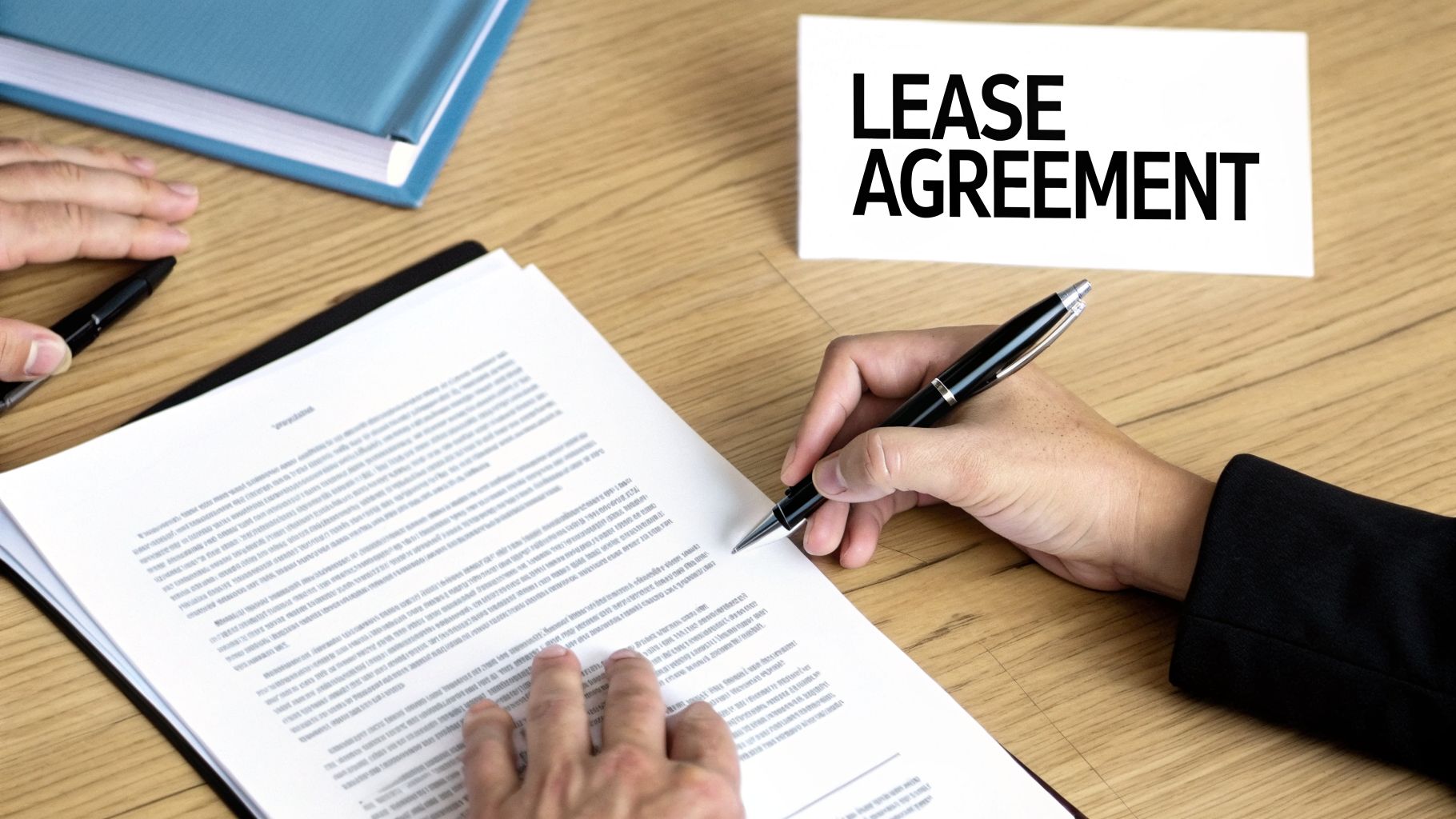 Hands signing a lease agreement document on a wooden desk with a blue folder.