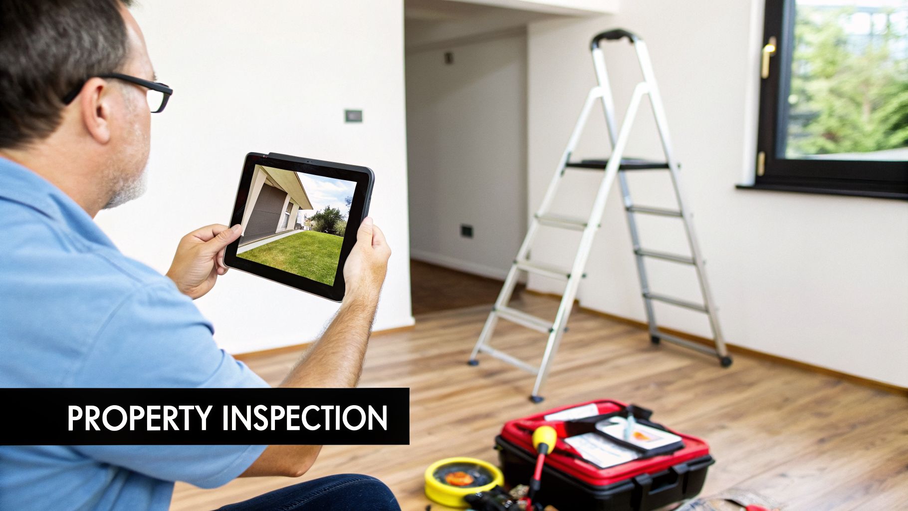 A man uses a tablet to inspect a property, showing a house exterior, with a ladder and toolbox in an empty room.