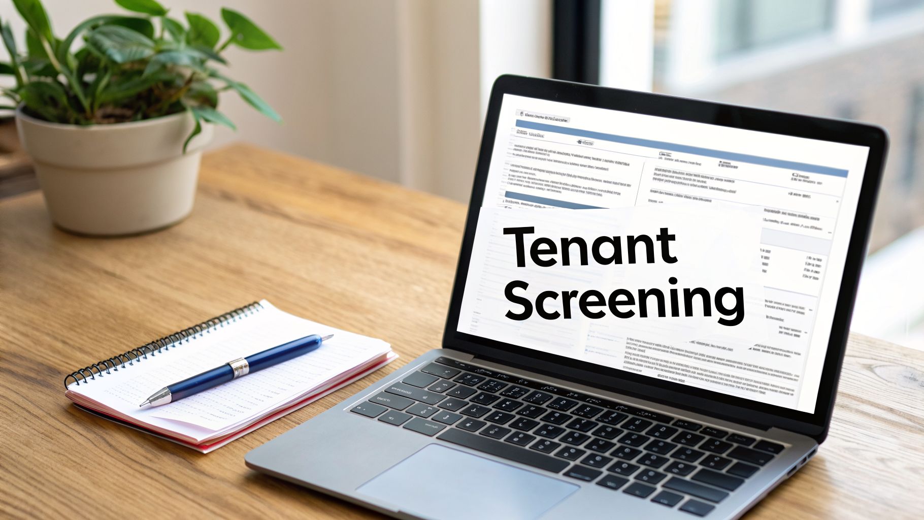 A laptop screen displays 'Tenant Screening' on a wooden desk with a notebook, pen, and potted plant.