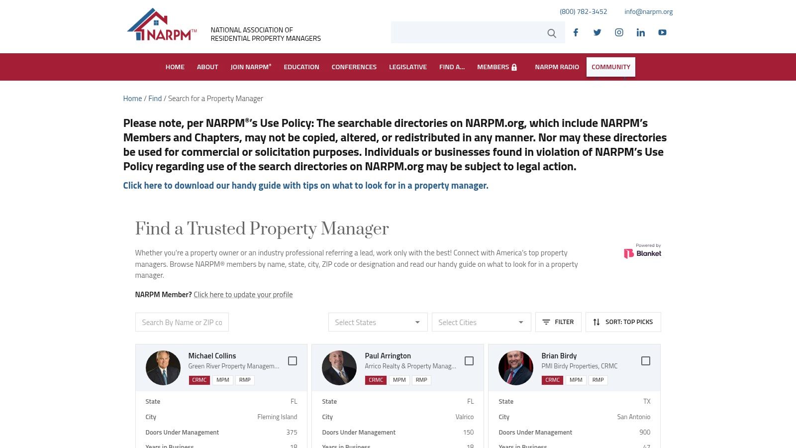 A user searches for a qualified property manager in the NARPM directory.