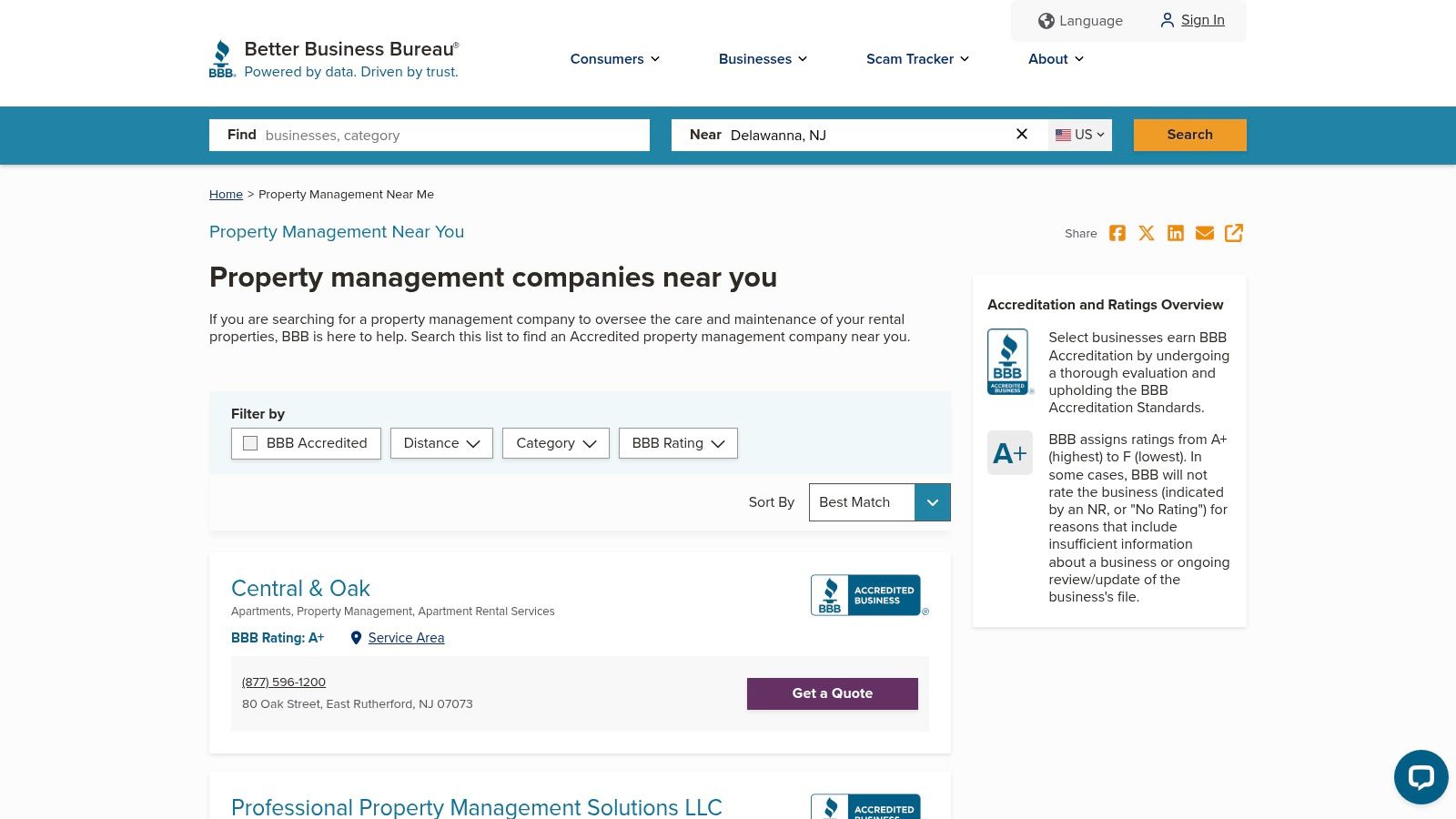 A user views the property management directory on the Better Business Bureau website.
