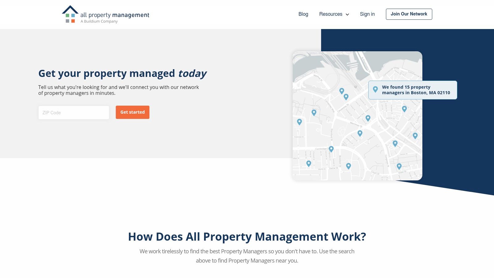 A user performs a search for property management services on the All Property Management website.