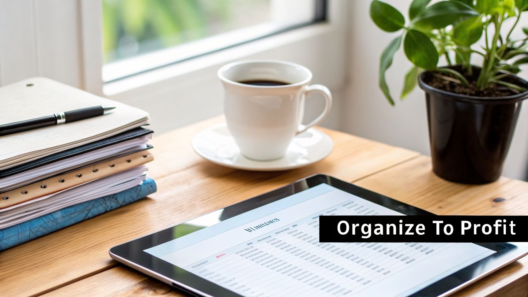 A neatly organized desk with stacked documents, a pen, a coffee cup, a plant, and a tablet.