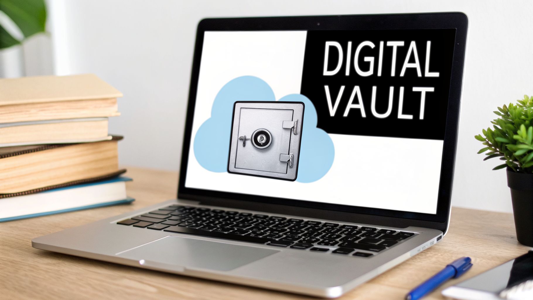 A laptop screen displays 'DIGITAL VAULT' with a safe icon and cloud shapes, on a wooden desk.