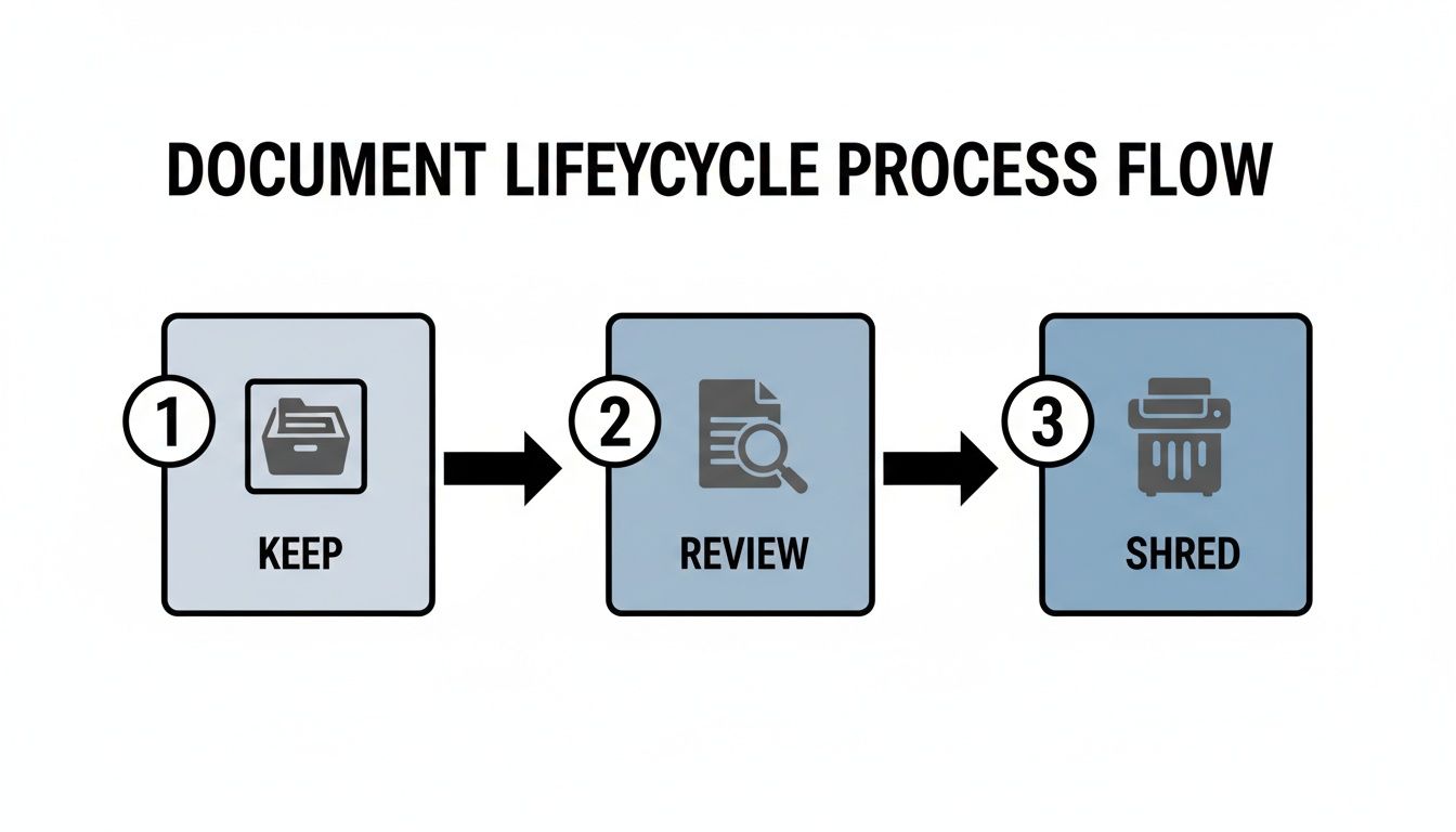 A diagram illustrating the document lifecycle process flow with three steps: Keep, Review, and Shred.