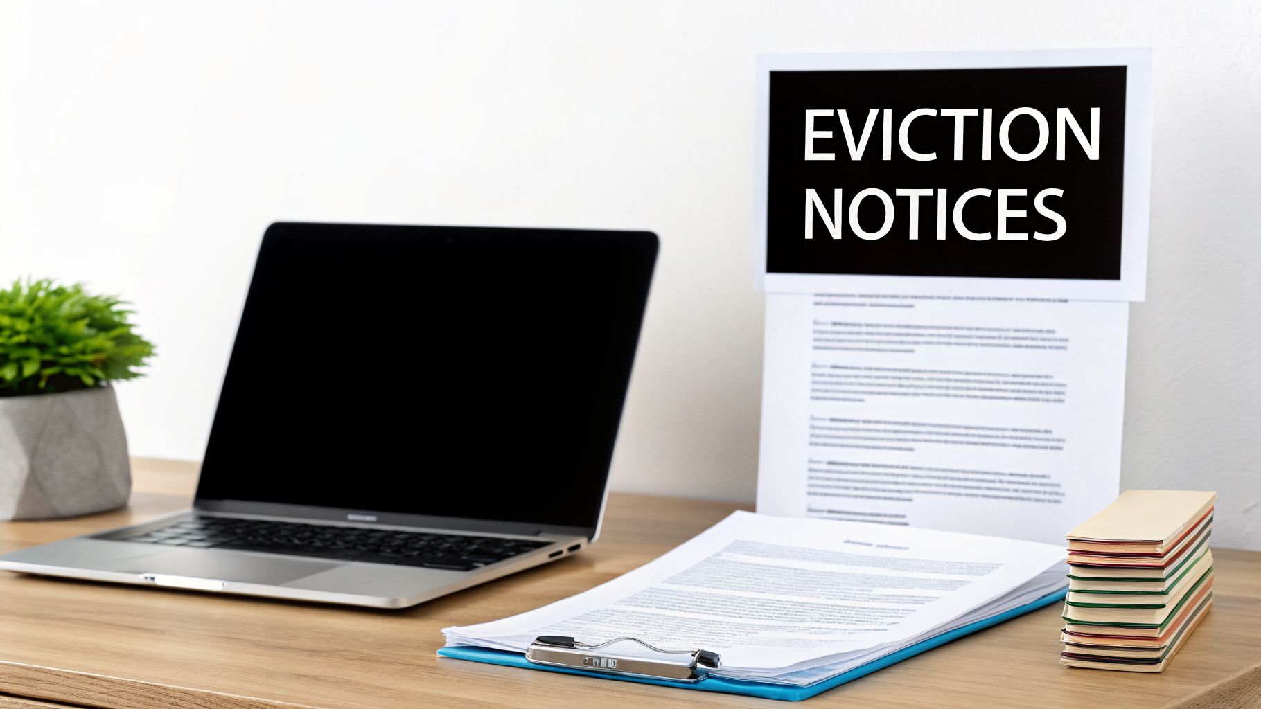 Desk with a laptop, a green plant, paperwork, and a sign displaying 'EVICTION NOTICES'.