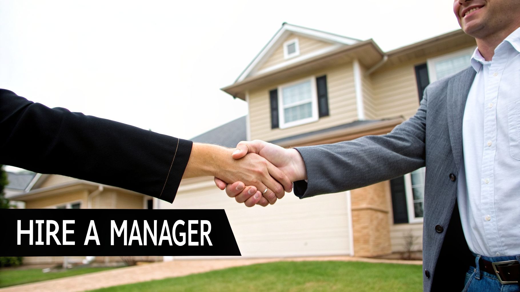 Two people shake hands in front of a modern house under a banner reading 'HIRE A MANAGER'.