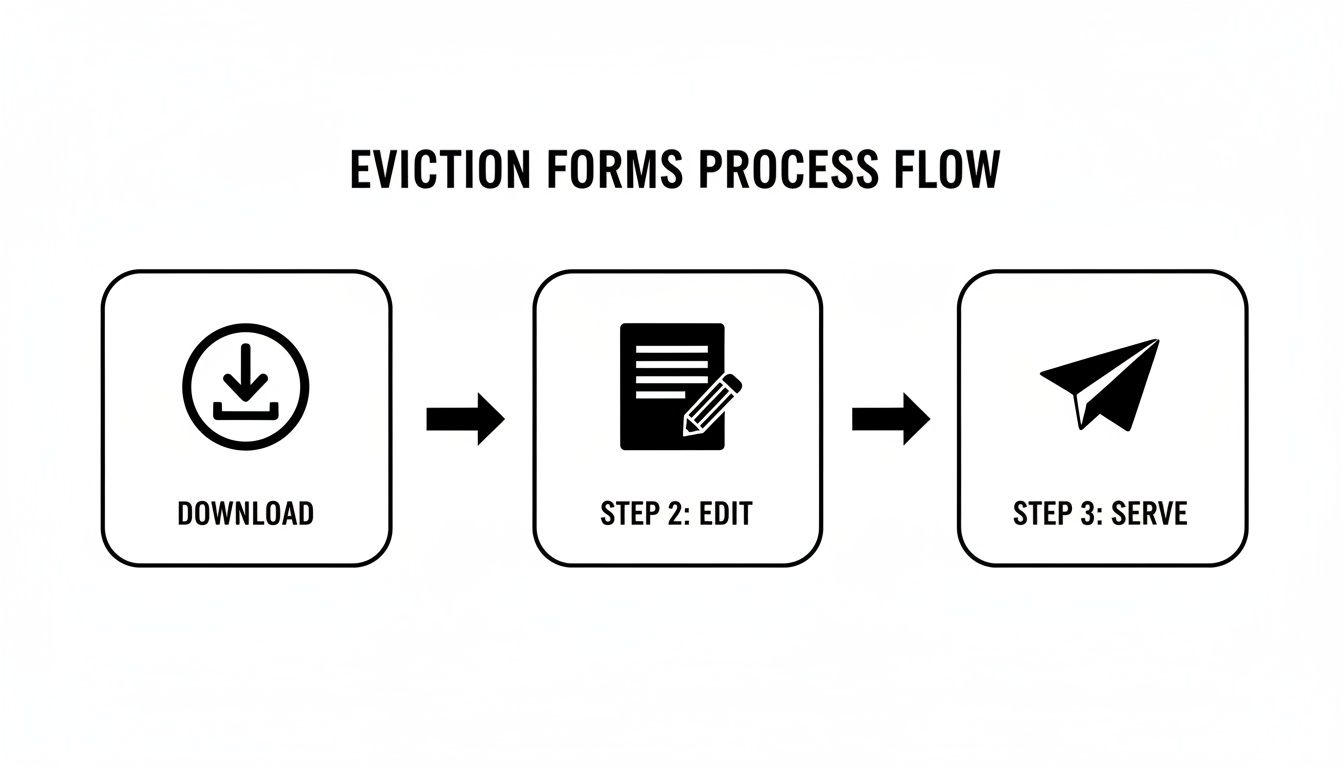 Eviction forms process flow showing three steps: download, edit, and serve.