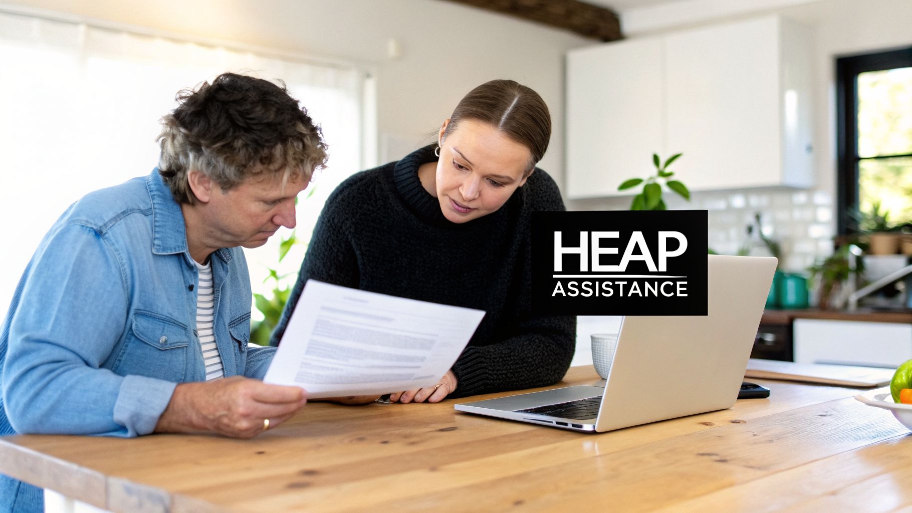 Two individuals attentively reviewing paperwork and a laptop with HEAP Assistance branding.