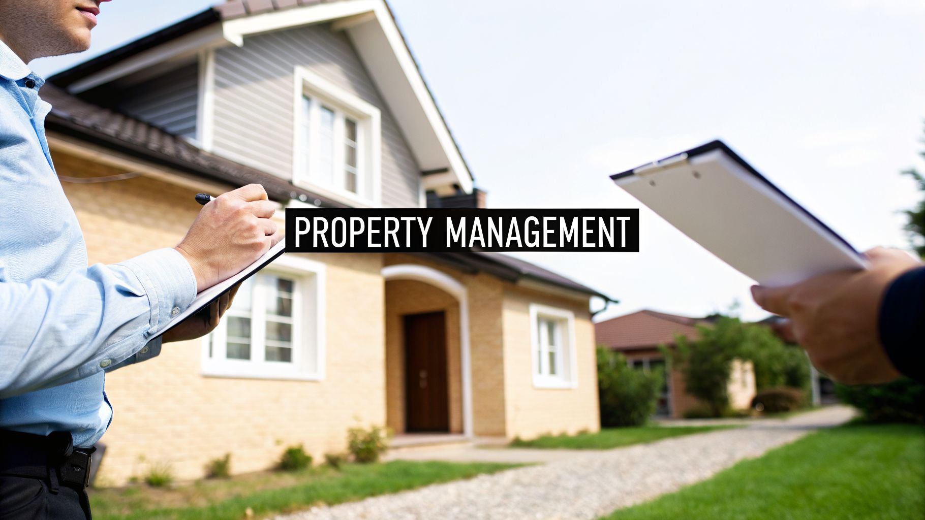 A person in a light blue shirt writes on a clipboard with a pen, overseeing property management near a house.