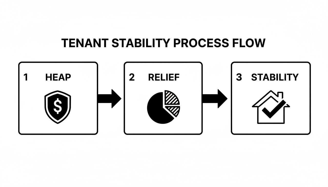Flowchart showing three steps of tenant stability: HEAP financial assistance, relief, and secure housing.