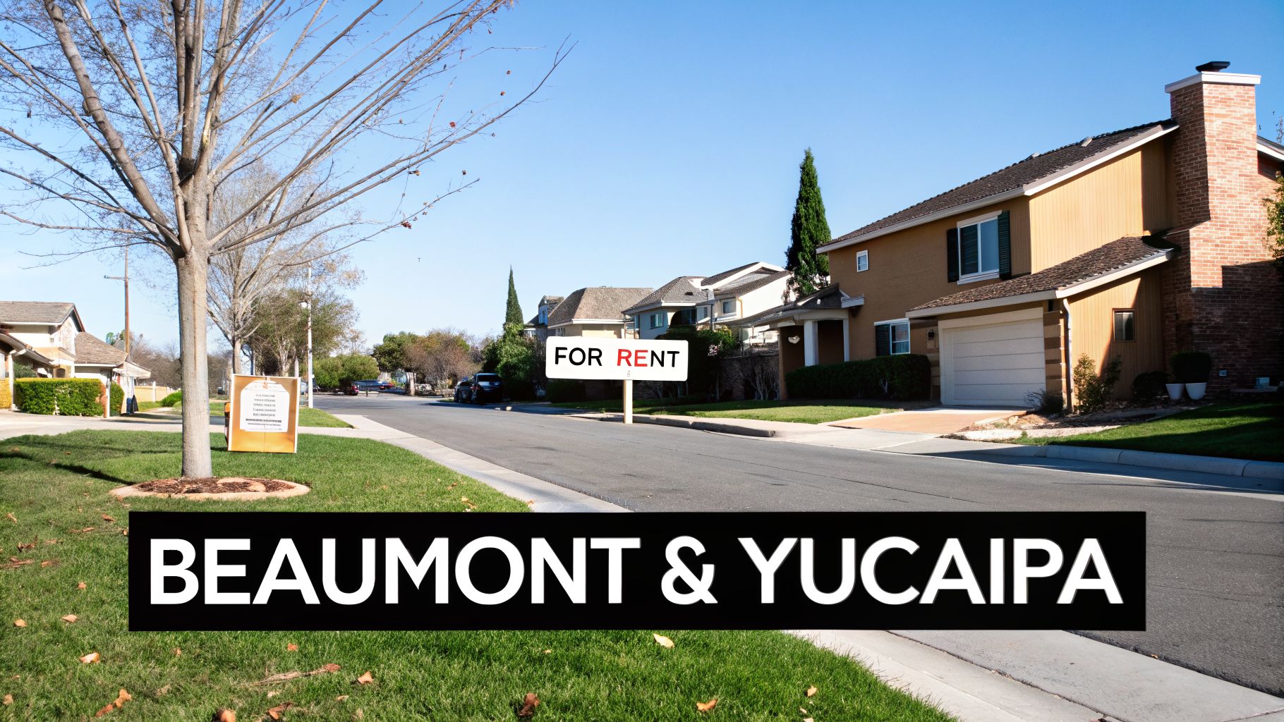 A residential street scene with houses, a bare tree, a 'FOR RENT' sign, and 'BEAUMONT & YUCAIPA' text overlay.