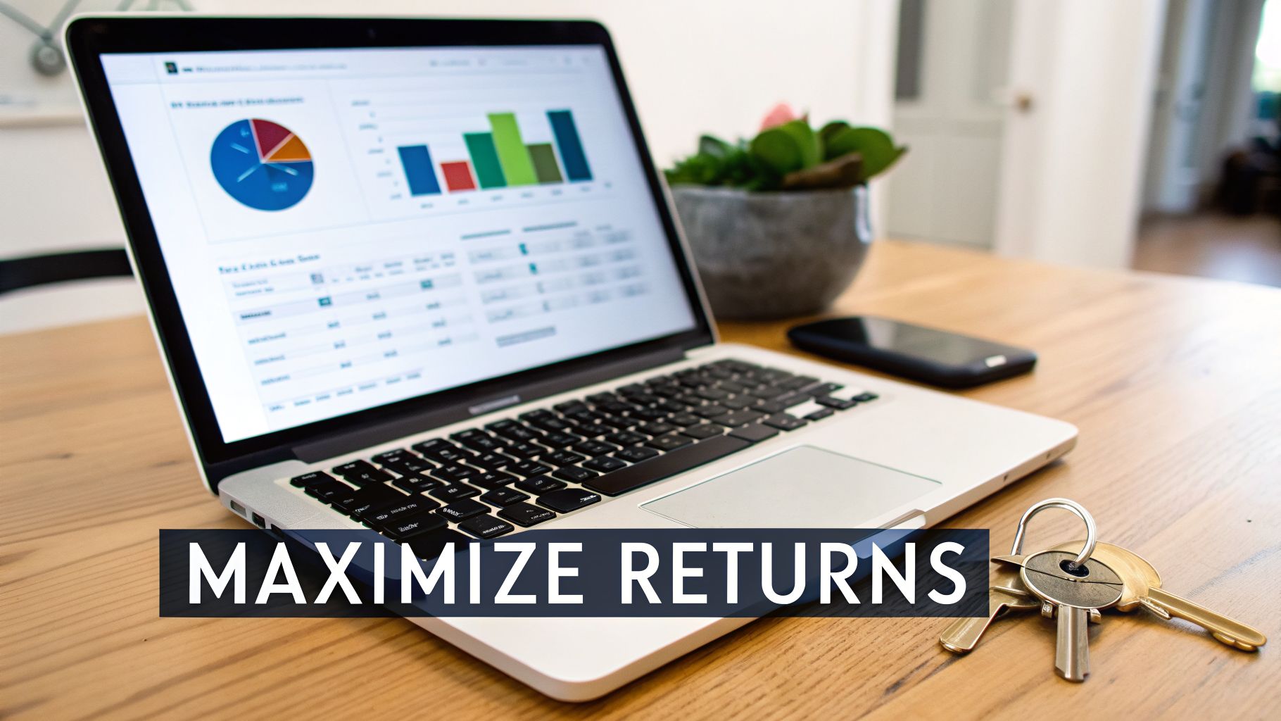 A laptop displaying financial charts and graphs, a smartphone, and a set of keys on a wooden desk, with 'MAXIMIZE RETURNS' text overlay.