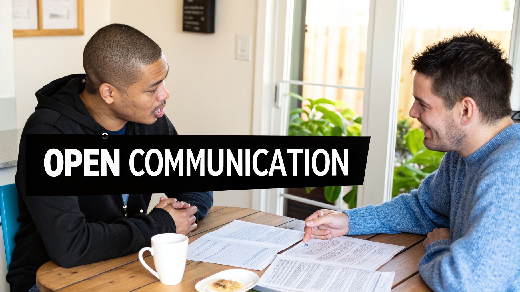 Two men sit at a wooden table, discussing documents, with a banner that reads 'OPEN COMMUNICATION'.