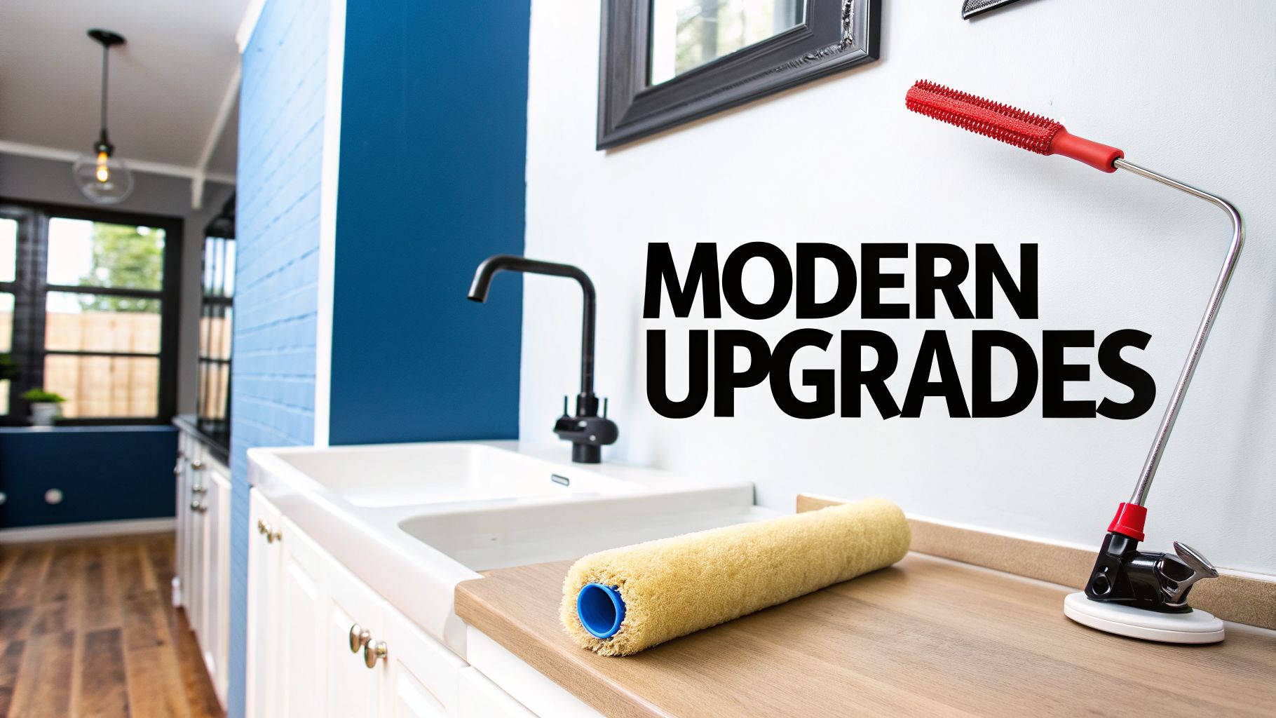 A modern kitchen with a blue accent wall, white cabinets, sink, and painting tools, featuring 'MODERN UPGRADES' text.
