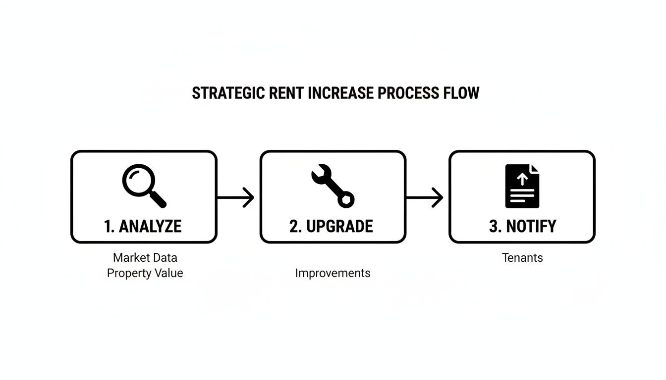 A strategic rent increase process flow chart showing three steps: Analyze, Upgrade, and Notify.