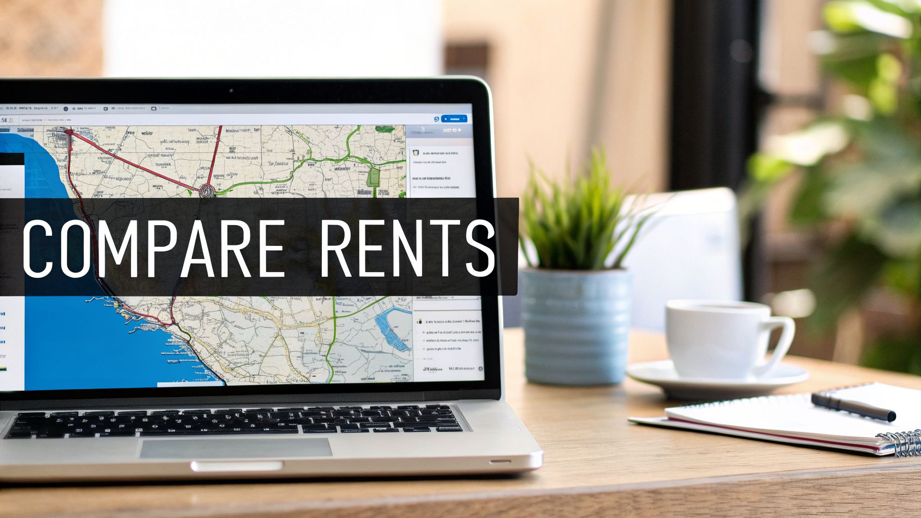 A laptop displaying a map with “COMPARE RENTS” text, alongside a potted plant and coffee cup on a wooden desk.