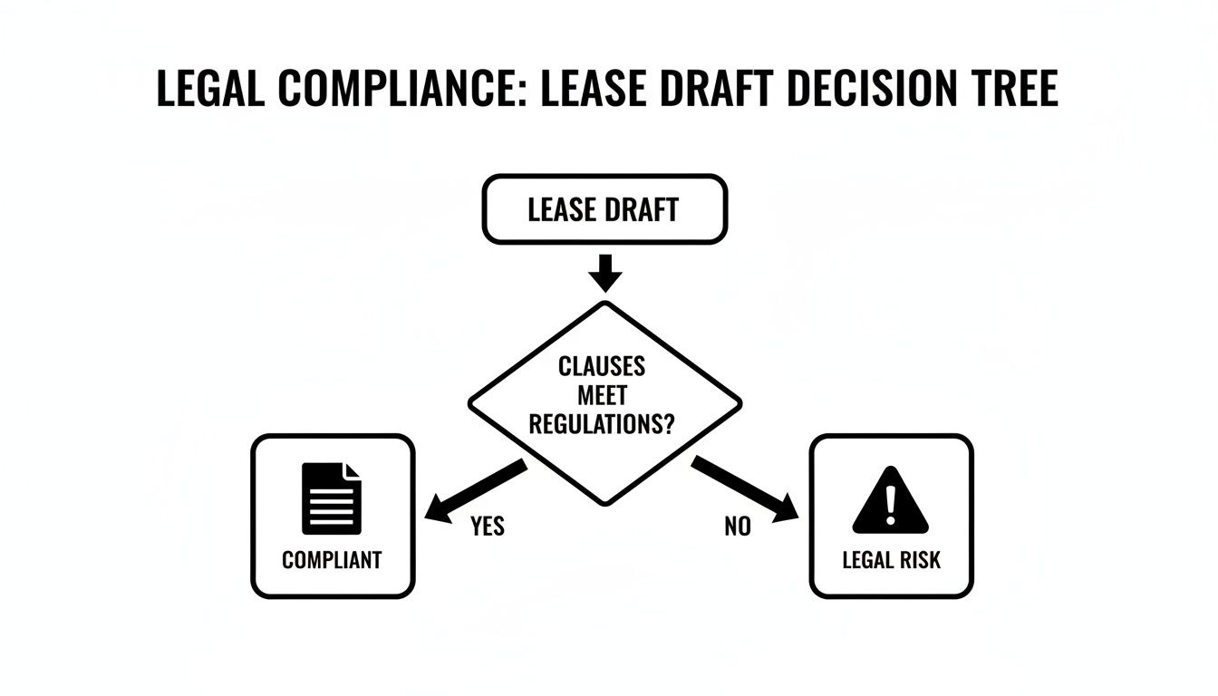 A flowchart illustrating the lease draft legal compliance decision-making process.