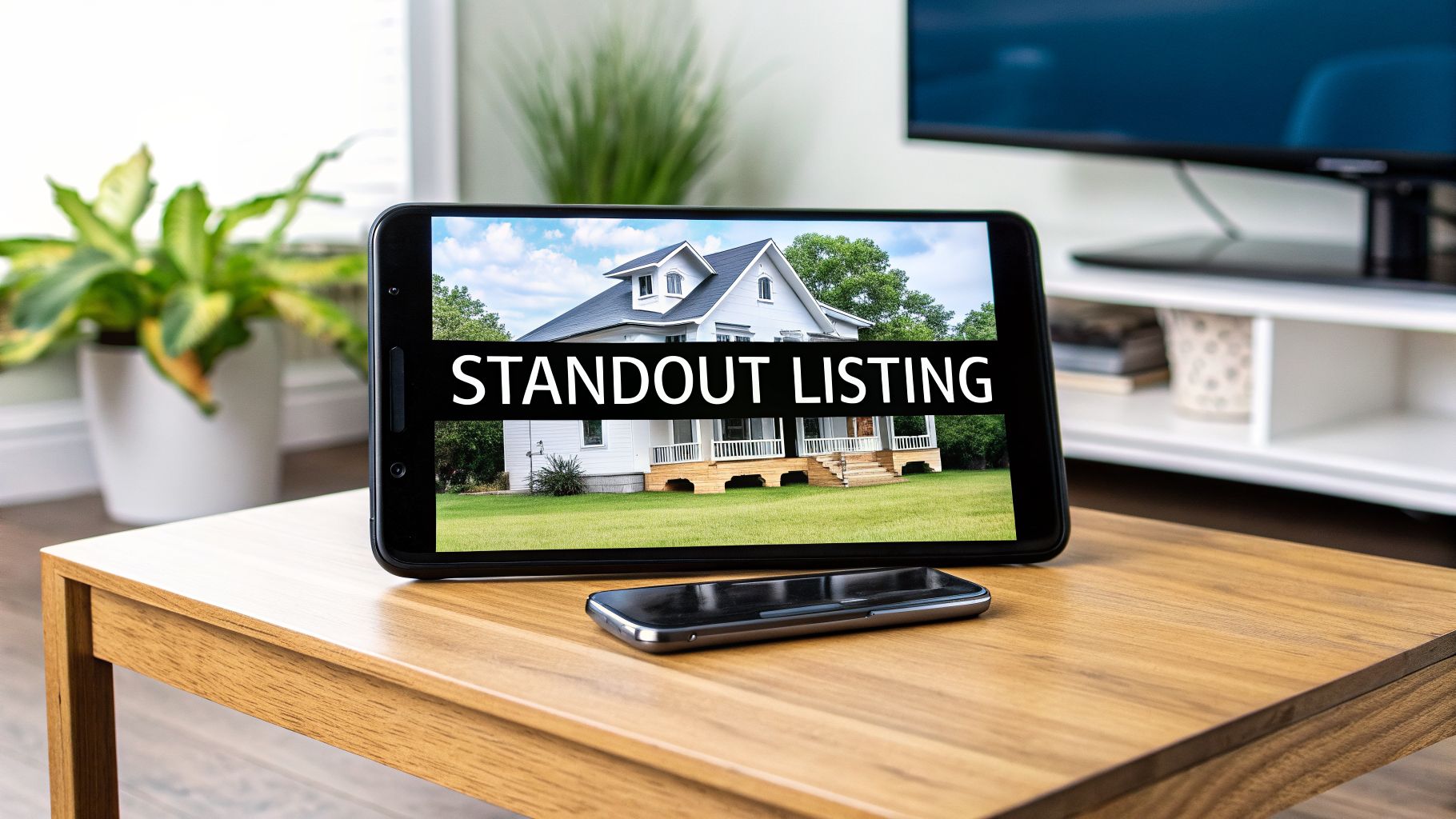 A tablet displays a white house with 'STANDOUT LISTING' text, next to a smartphone on a wooden table.