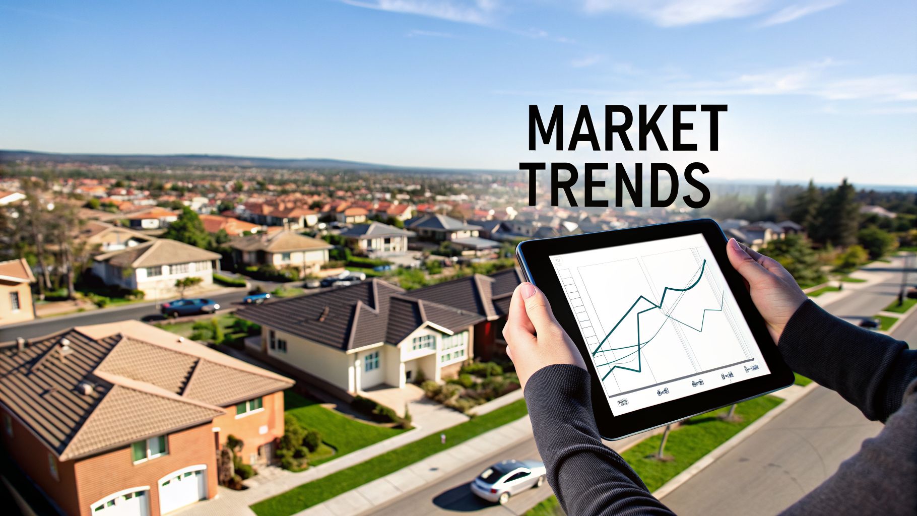 Hands holding a tablet displaying market trend graphs over an aerial view of a suburban neighborhood.