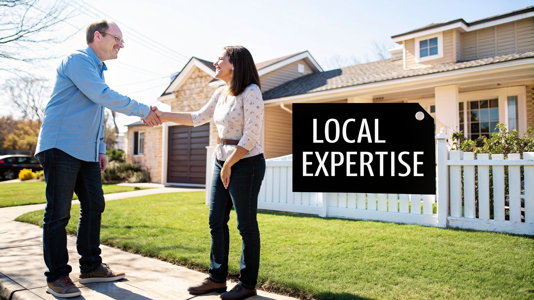 Two smiling people shake hands in front of a modern house, with a 'LOCAL EXPERTISE' sign.