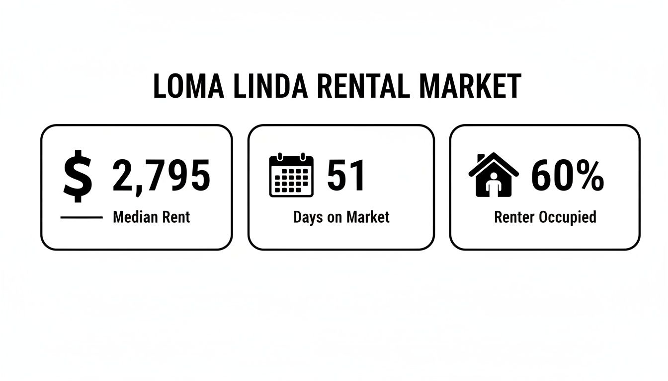 Loma Linda rental market statistics: median rent of $2,795, 51 days on market, 60% renter occupied.