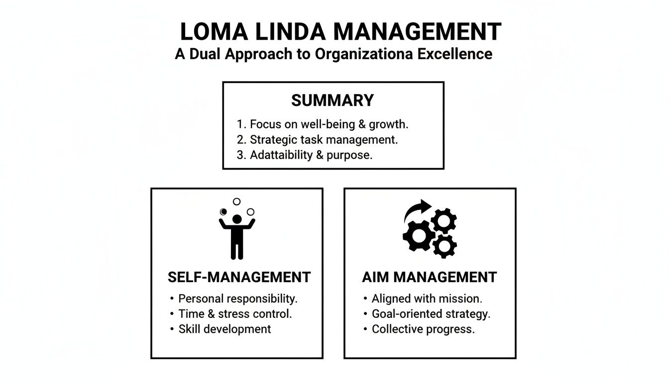 Diagram illustrating Loma Linda Management's dual approach with self and aim management strategies.