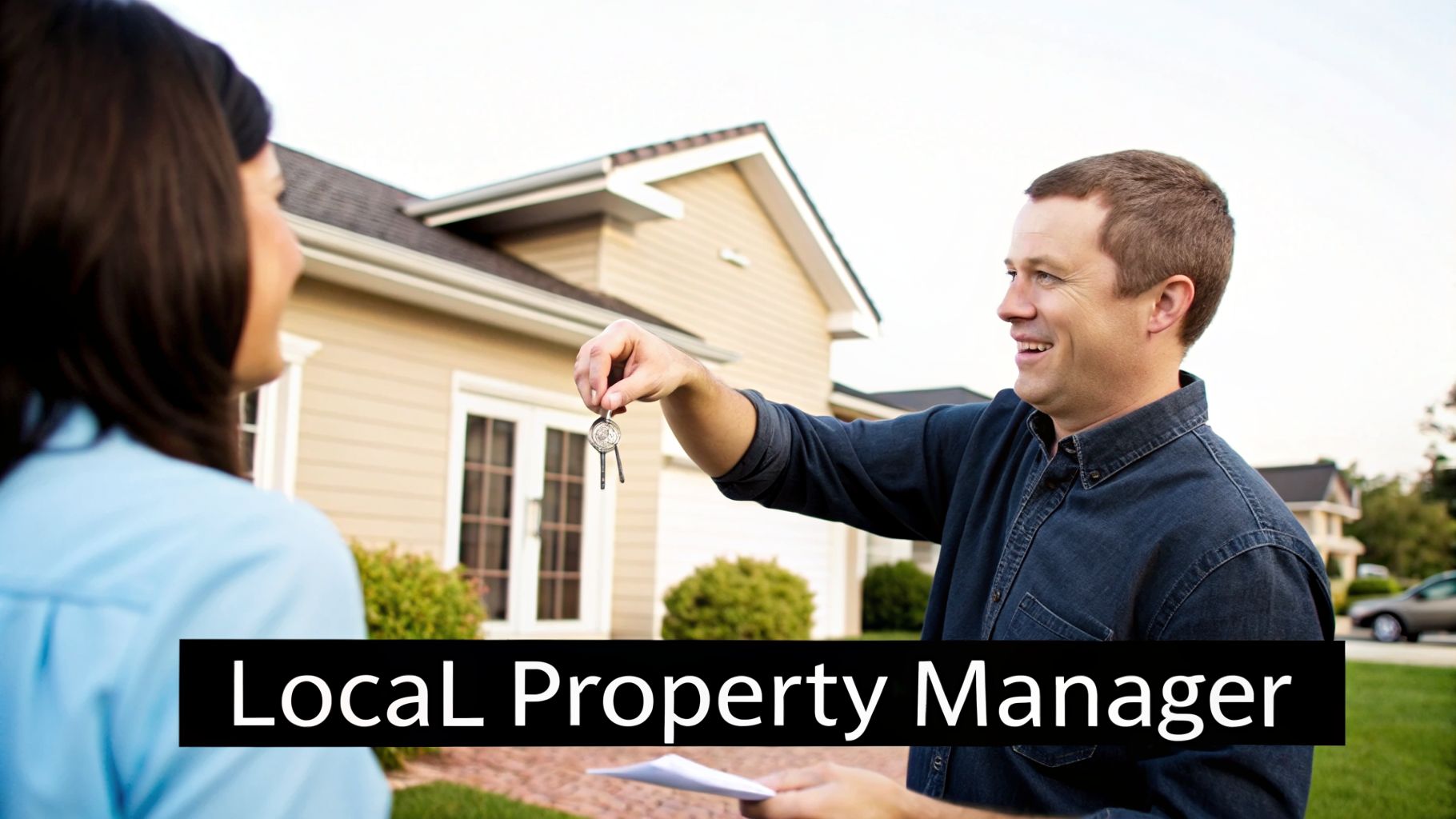 A smiling local property manager hands house keys to a woman in front of a modern home.