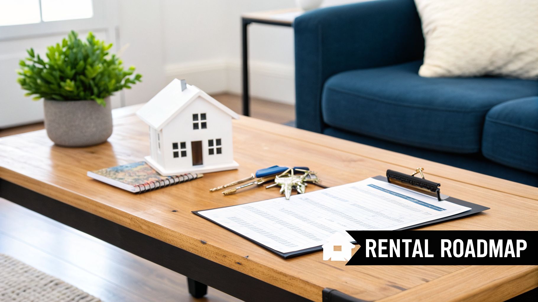 A miniature house model, keys, and rental documents on a wooden coffee table, symbolizing the rental process.