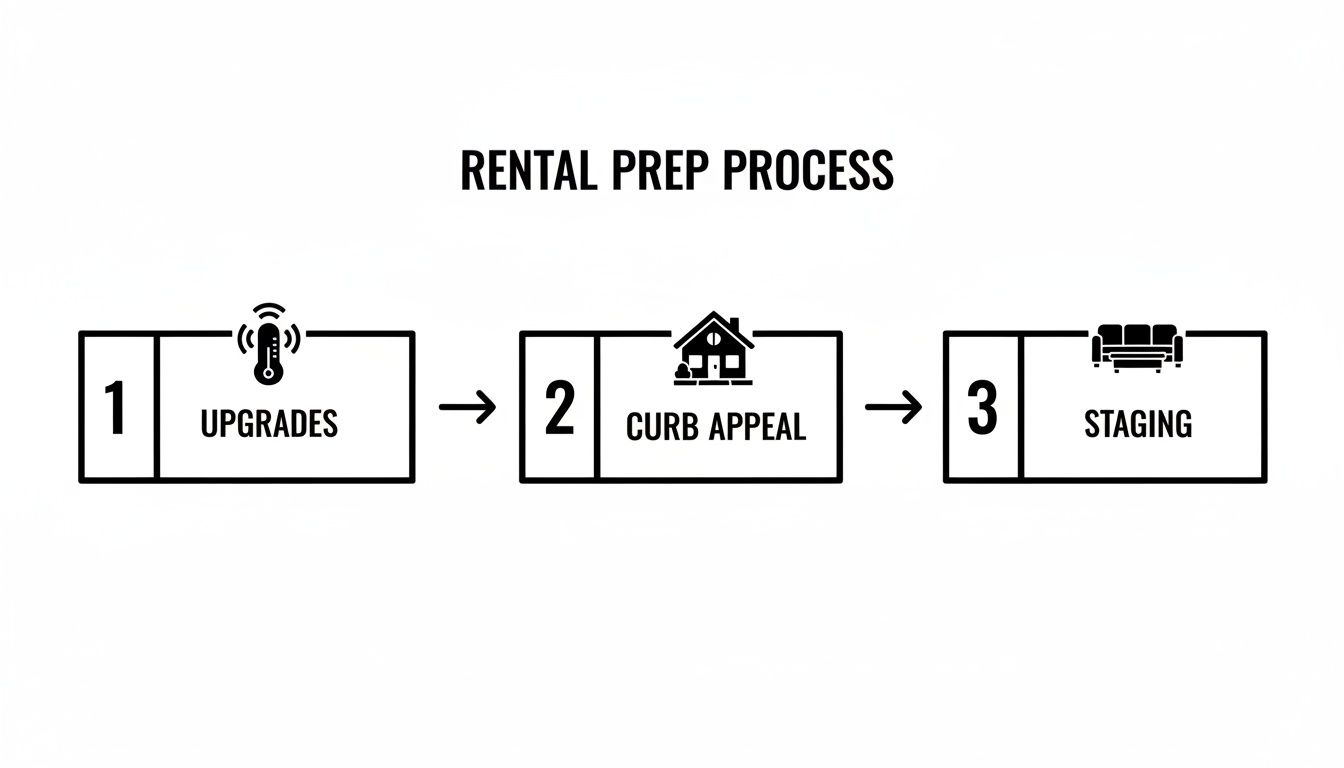 A flowchart illustrates the rental preparation process, outlining three key steps: upgrades, curb appeal, and staging.