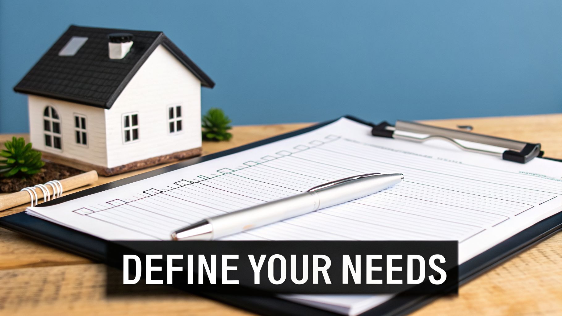 A miniature white house, a checklist on a clipboard, and a pen with text 'DEFINE YOUR NEEDS' for property planning.