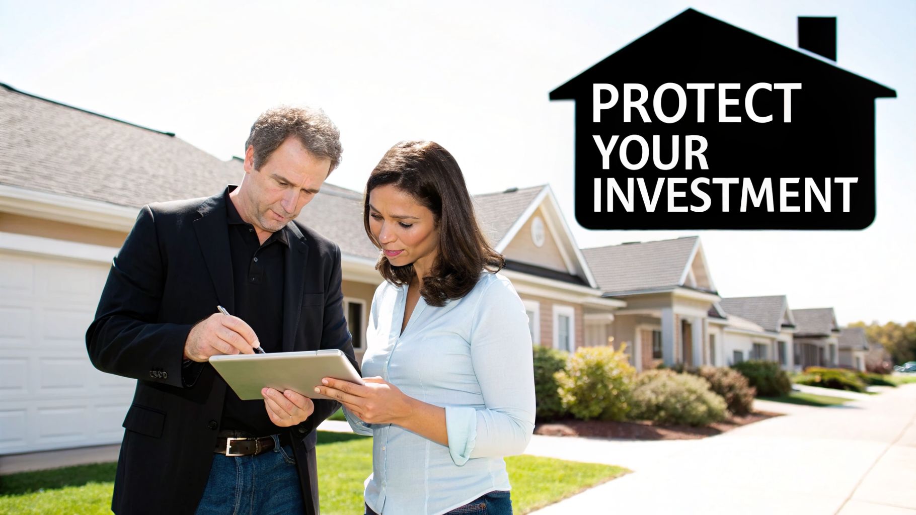 A man and woman review a tablet in front of homes, with a 'PROTECT YOUR INVESTMENT' graphic.