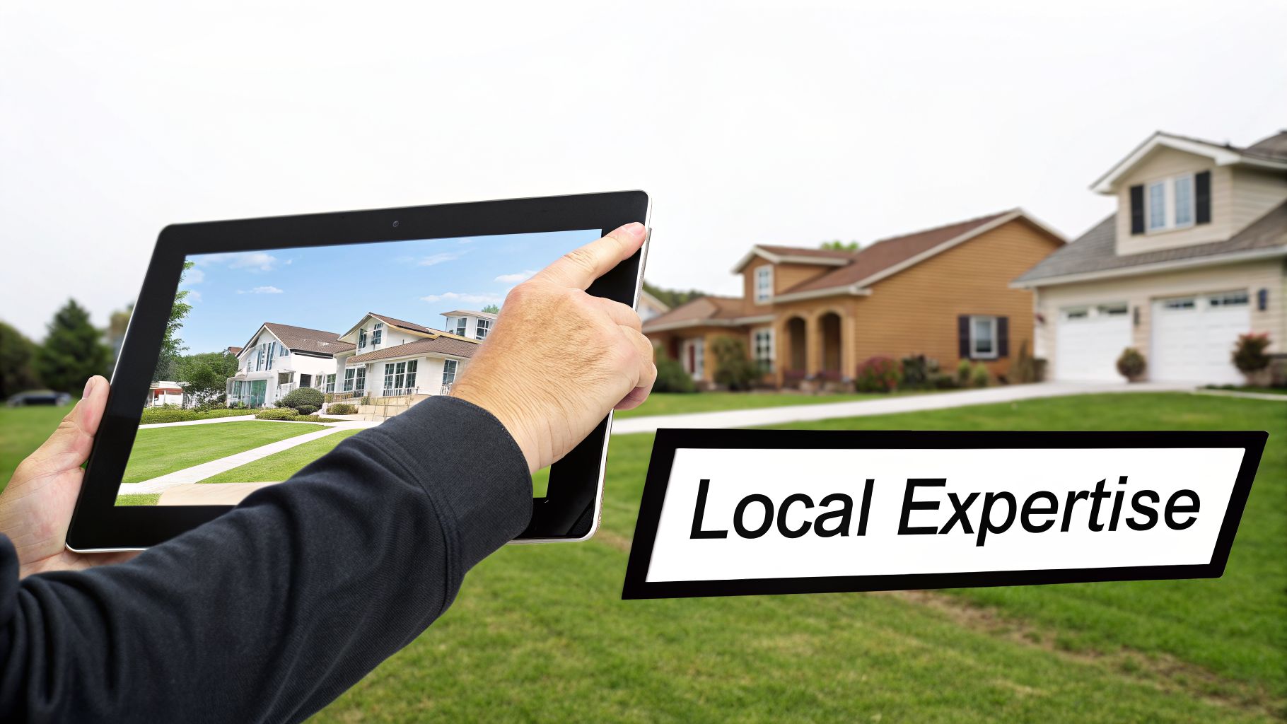 A hand holds a tablet displaying modern homes, with blurred houses in the background and a 'Local Expertise' sign.