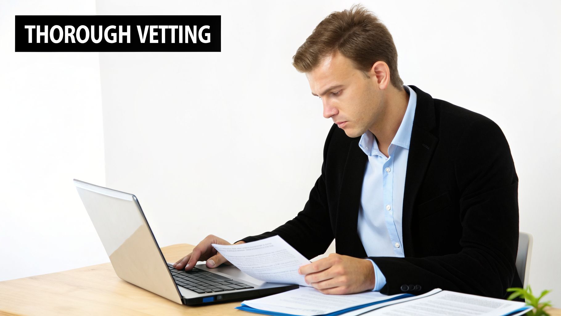 Professional man diligently vetting documents and typing on a laptop at his desk.
