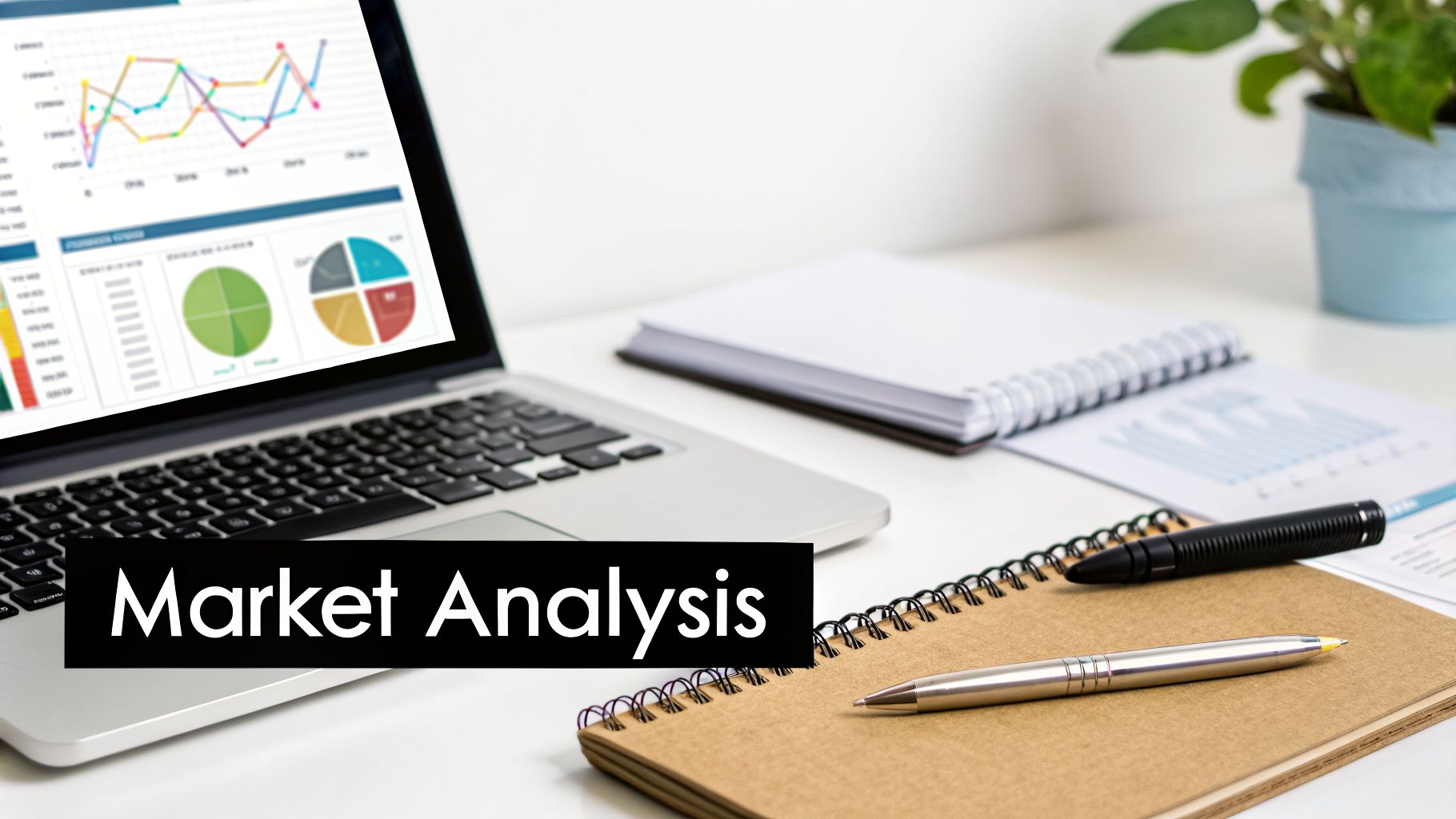 Laptop displaying financial charts and graphs on a white desk with notebooks and pens.