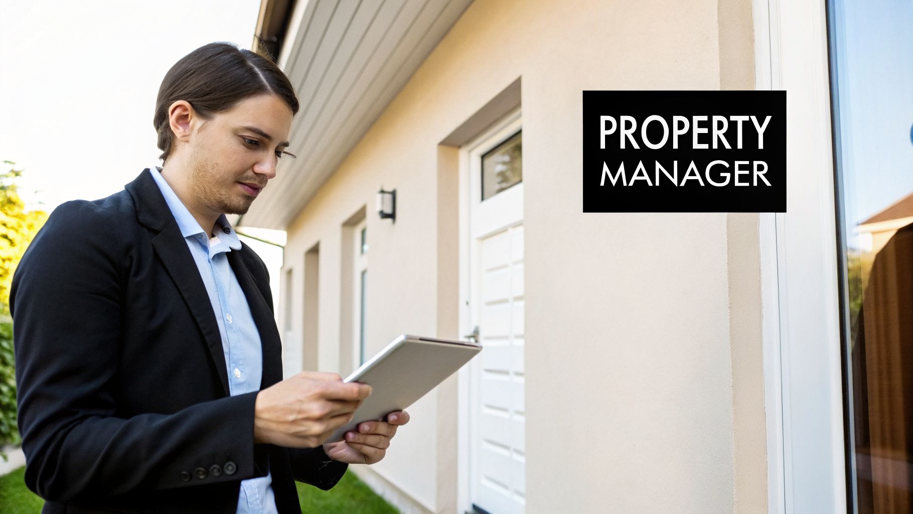 A property manager stands outside a beige building, looking at a tablet.