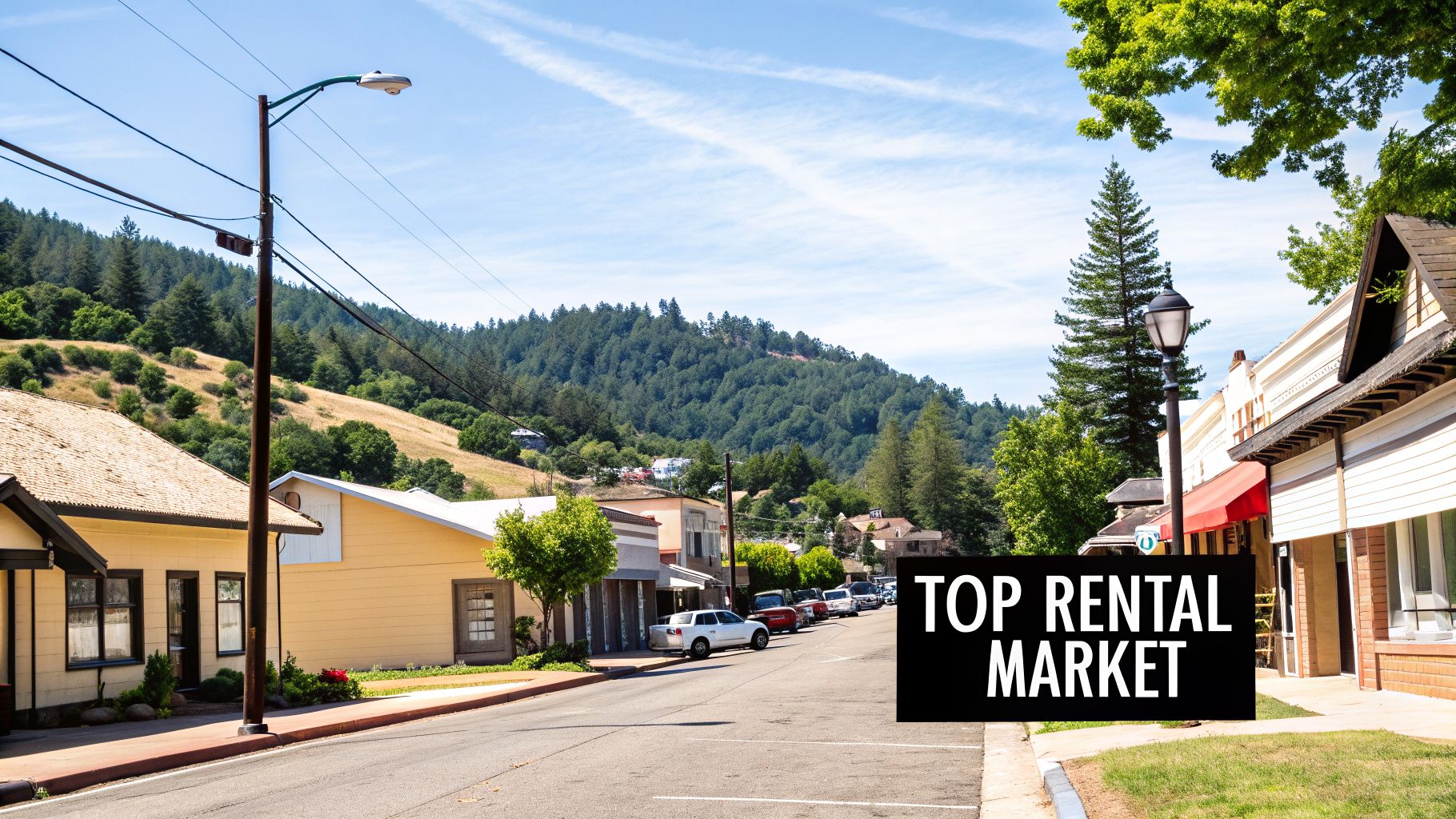 A scenic street in a small town with buildings, cars, and forested hills, featuring a 'TOP RENTAL MARKET' sign.