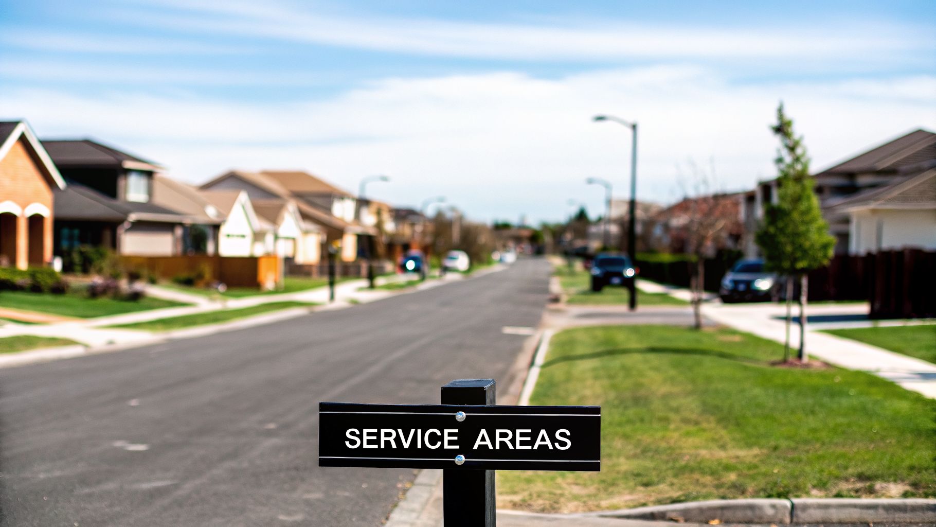 A "SERVICE AREAS" sign on a street in a residential neighborhood with houses under a blue sky.