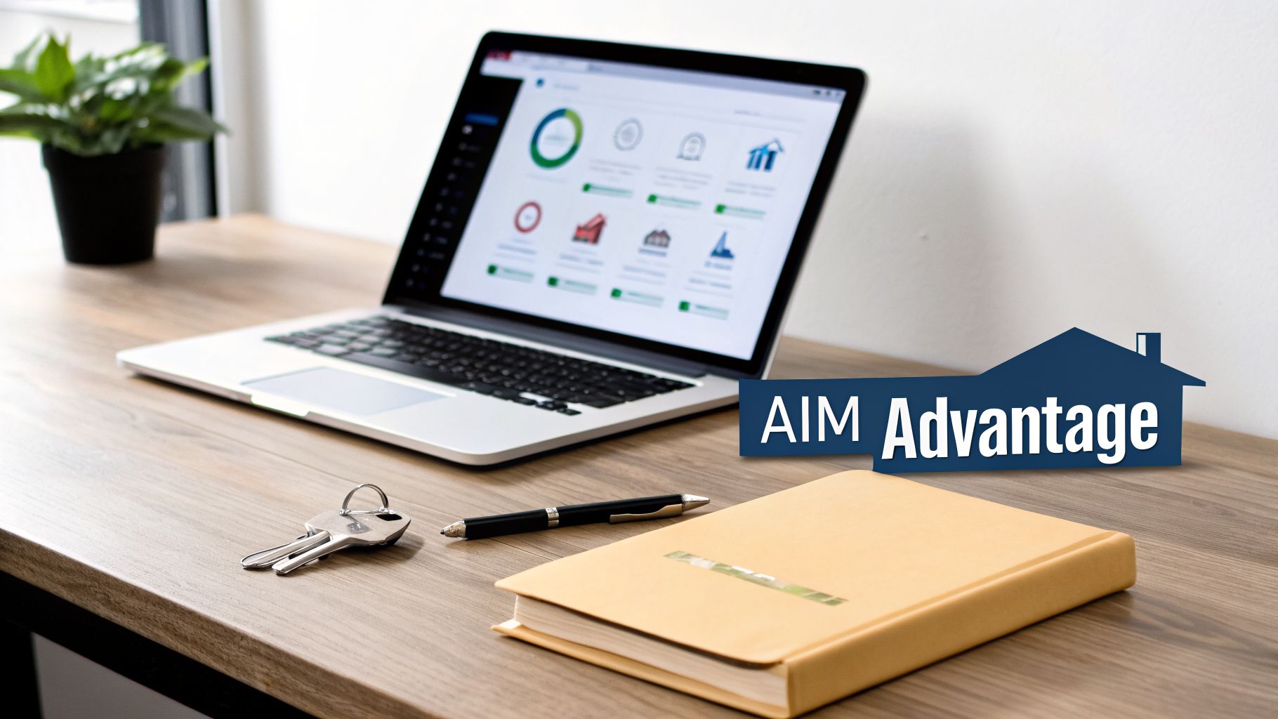 A desk with a laptop showing charts, keys, a pen, and a book, featuring an 'AIM Advantage' house graphic.