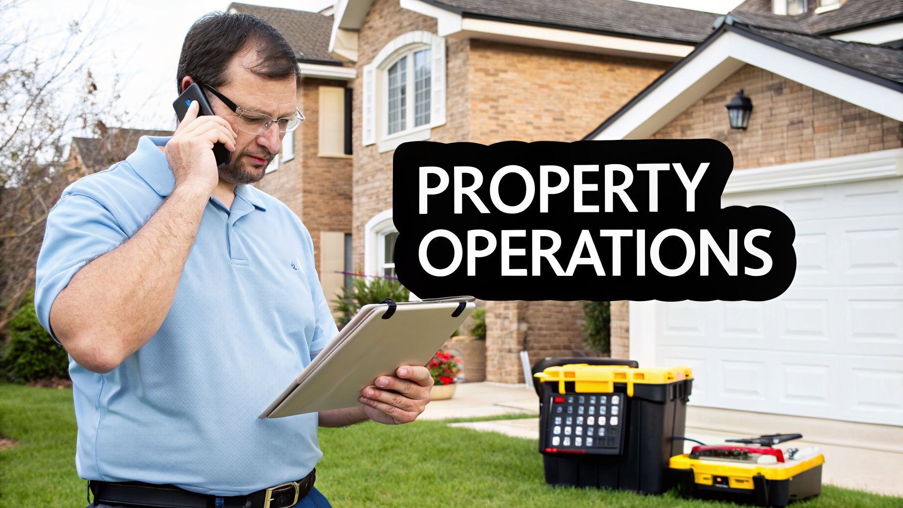 A man on the phone, holding a tablet, with toolboxes in front of a house.