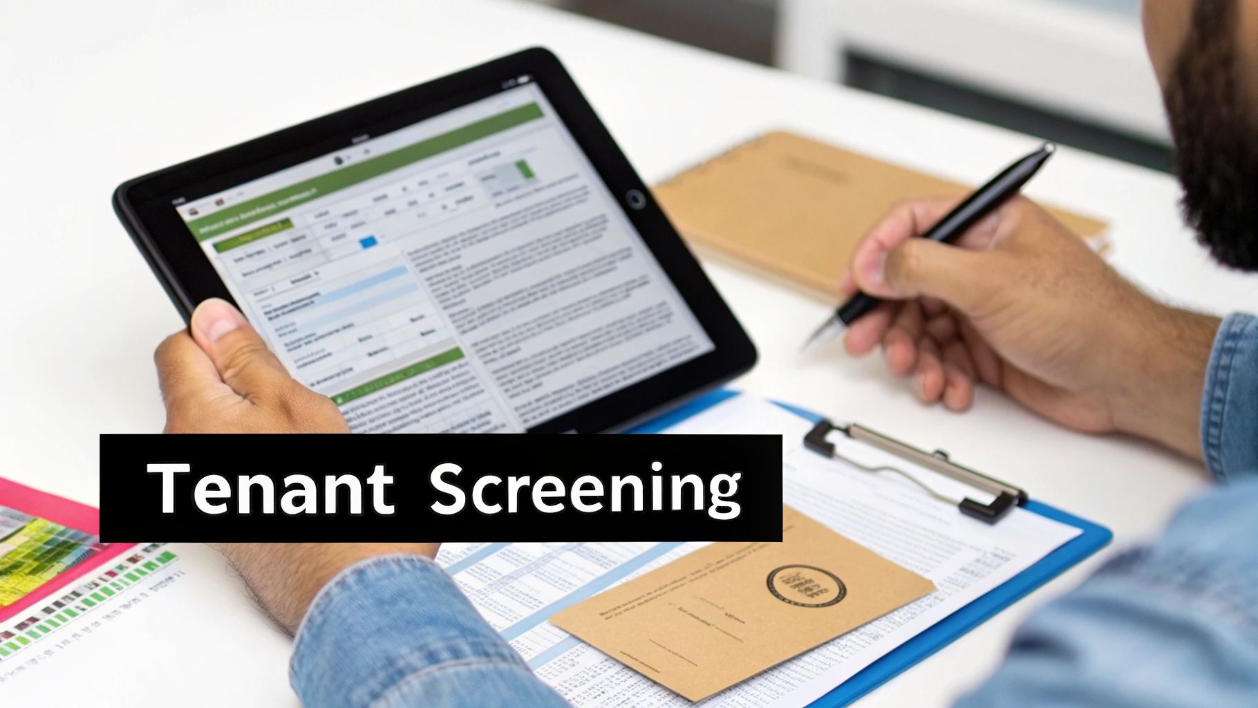 A person is reviewing tenant screening documents on a tablet and writing on paper at a desk.