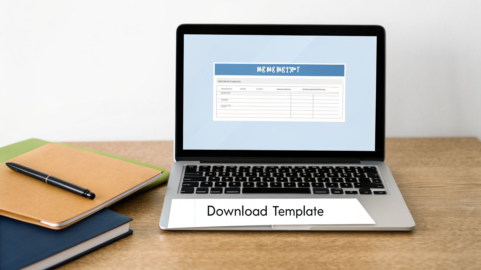 A laptop displays a document template, with 'Download Template' text on the keyboard, next to notebooks and a pen.